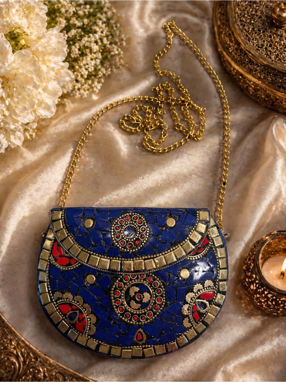 Blue Mini Mosaic Artisan Made in India Crossbody/ Clutch with Gold Chain